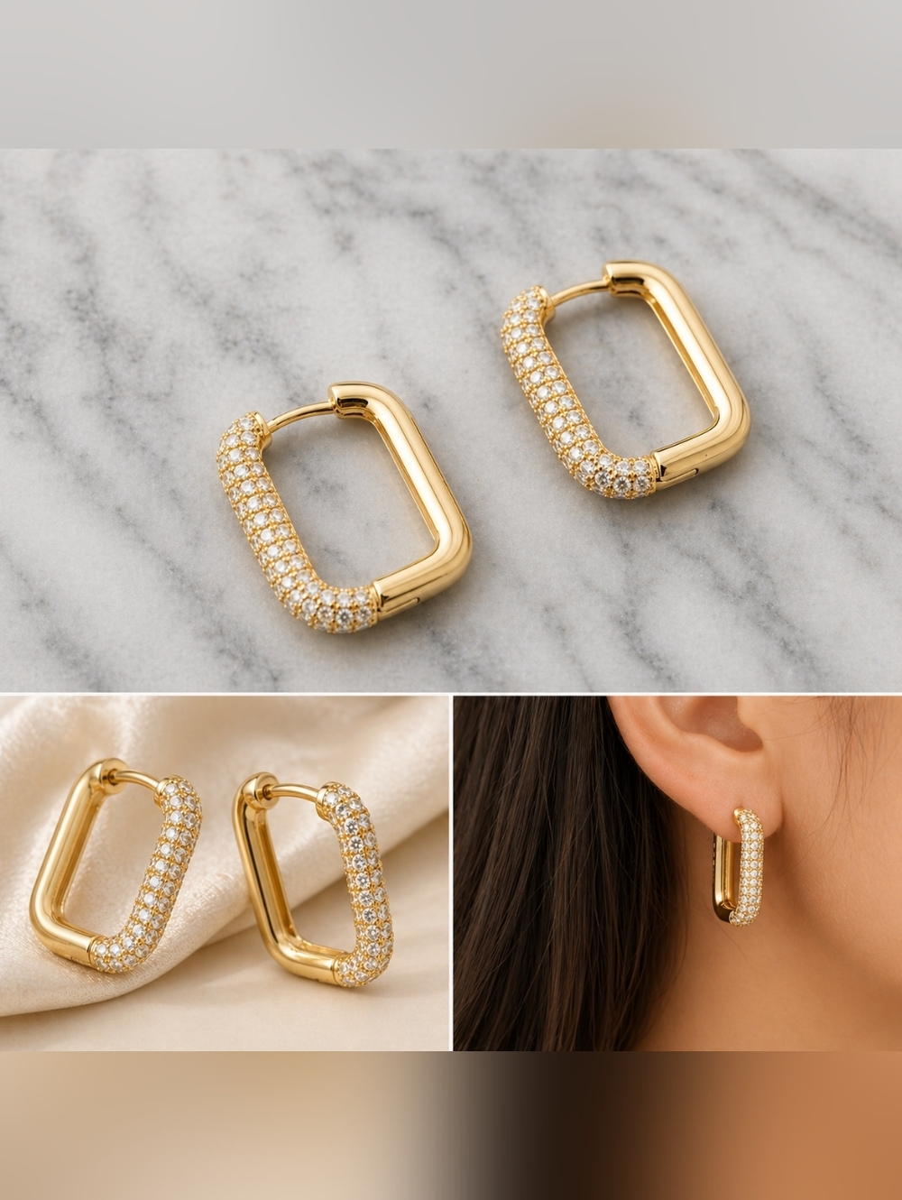 Gold Pave Rectangular Hoop Earrings ✨ Aveline Pavé Hoop Earrings – Gold Tone